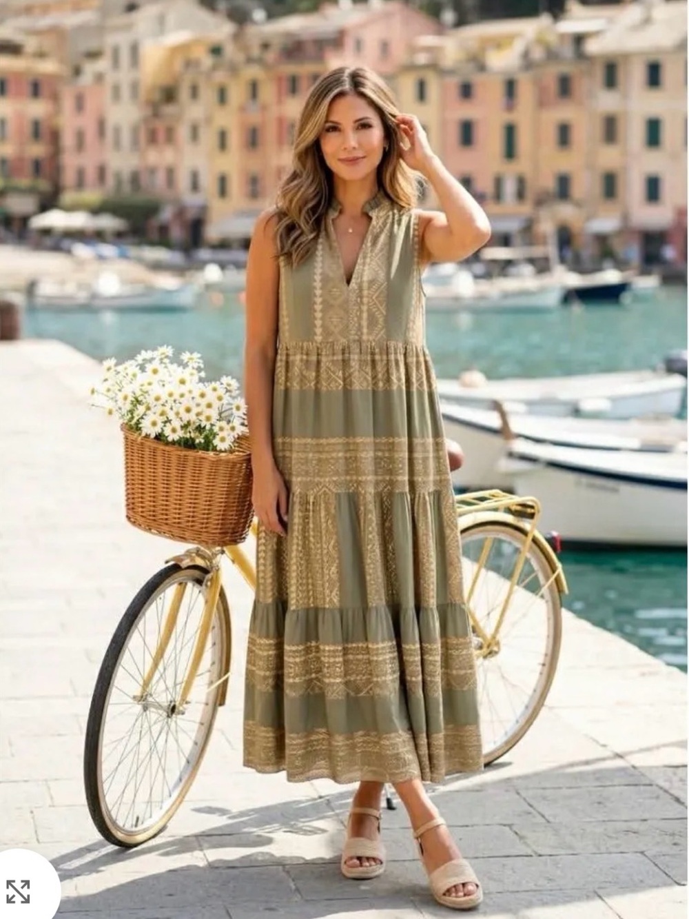 Greek Archaic Kori Cotton Classic Triangle Dress Maxi Sleeveless Sage/Gold Small